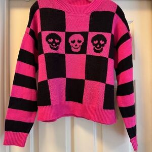 No Boundaries Pink and Black Checkered Skull Sweater